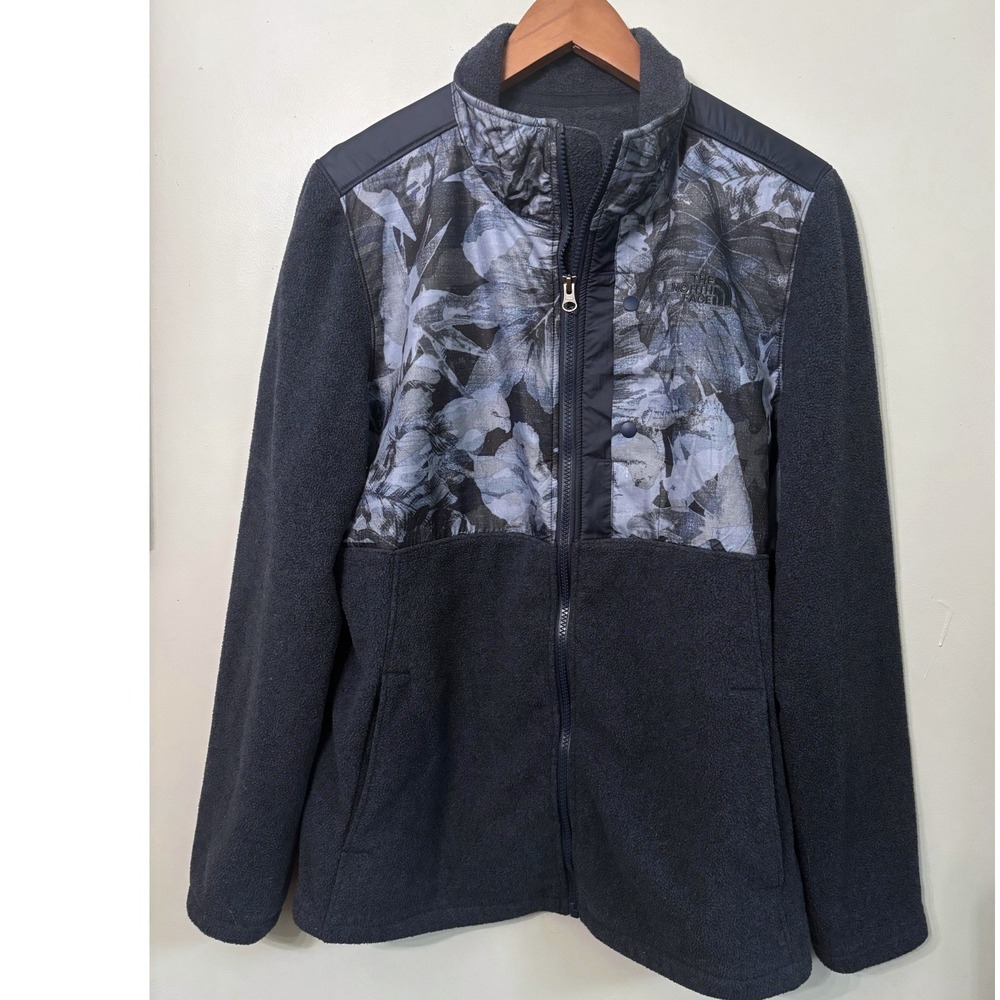 The North Face Womens XL Fleece Jacket Floral Print Denali Full Zip Grey Blue